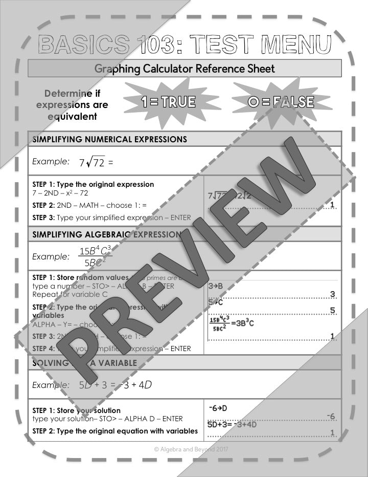 Math Menu, Fractions, and Test Menu | TI-84 Graphing Calculator Reference Sheet