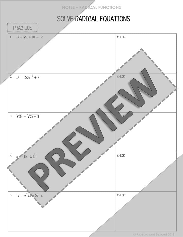 Solving Radical Equations Lesson | Video | Guided Notes | Homework