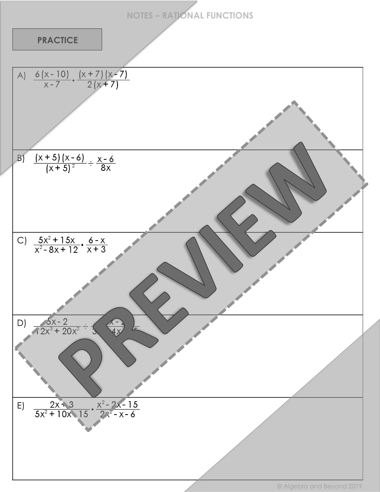 Multiply and Divide Rational Expressions Lesson | Warm-Up | Guided Notes | Homew