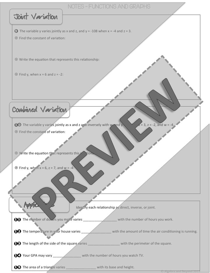 Variation: Direct, Inverse, Joint & Combined Lesson | Warm-Up | Notes | Homework