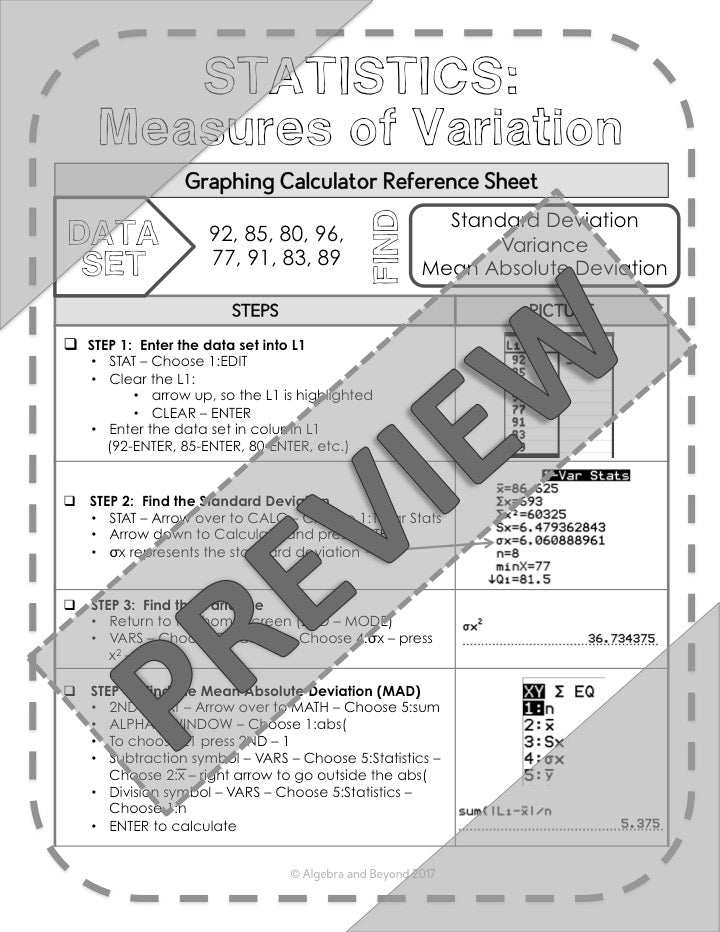 Statistics | Measures of Variation | TI-84 Graphing Calculator Reference Sheet