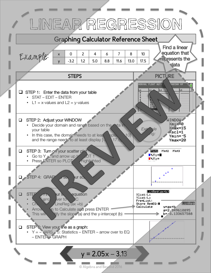 Linear Regression | TI-84 Graphing Calculator Reference Sheet and Practice