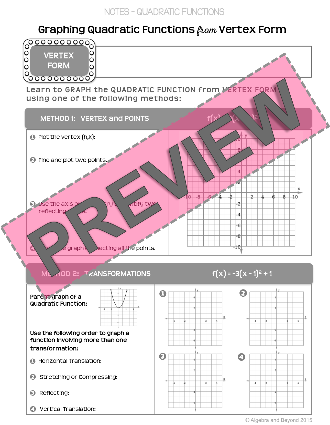Quadratic Functions: Vertex Form Lesson | Warm-Up | Guided Notes | Homework