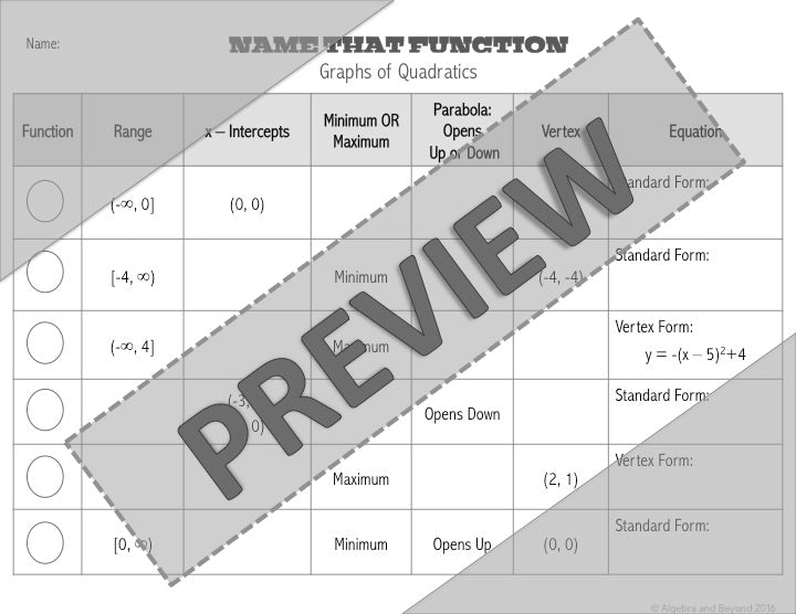 Graphs of Quadratic Functions | Name That Function | Matching Activity | Print and Digital