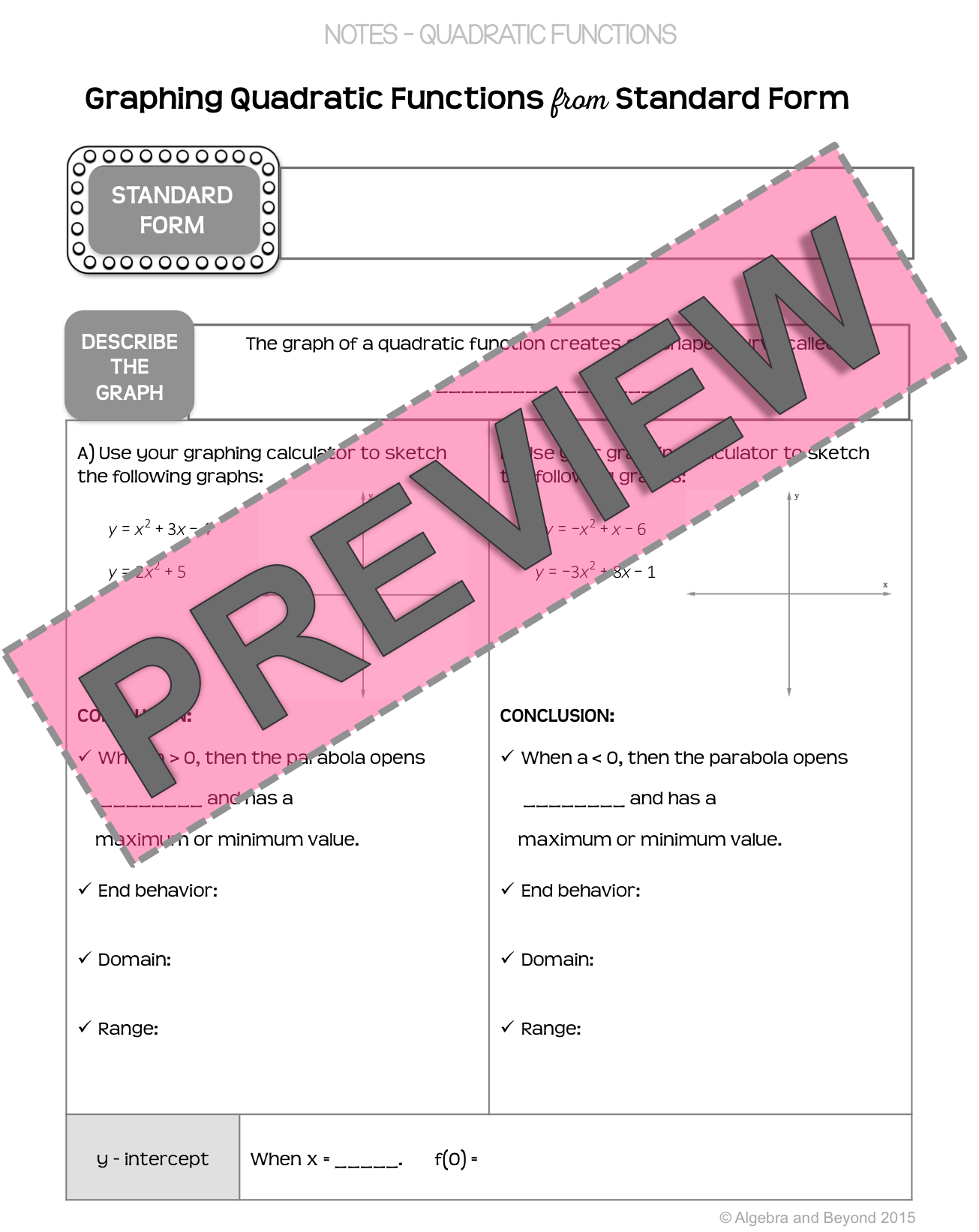 Quadratic Functions: Standard Form Lesson | Warm-Up | Guided Notes | Homework