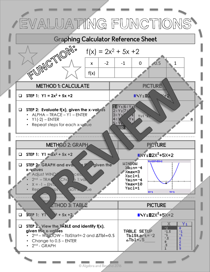 Evaluating Functions | TI-84 Graphing Calculator Reference Sheet and Practice