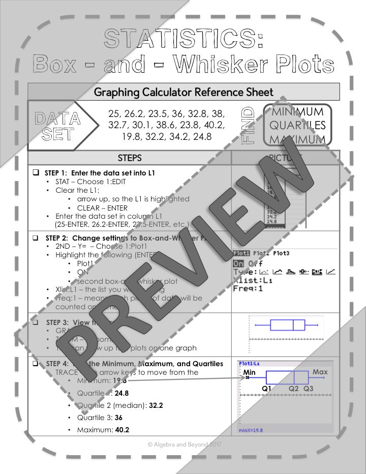 Statistics | Box-and-Whisker Plots | TI-84 Graphing Calculator Reference Sheet