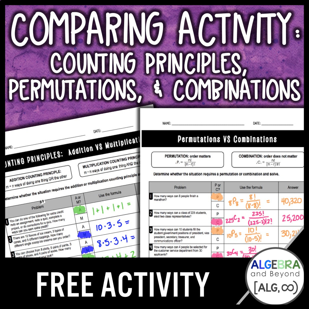Counting Principles, Permutations, and Combinations Comparing Activity