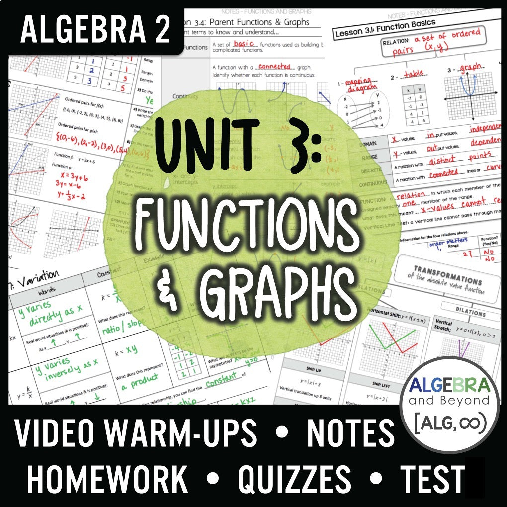 Functions and Graphs Unit | Algebra 2 | Guided Notes | Homework | Assessments