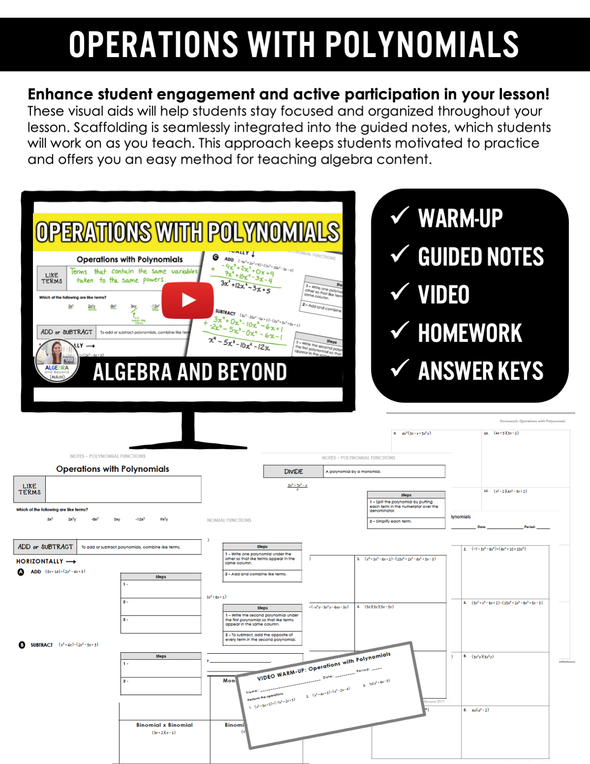 Operations with Polynomials Lesson | Video | Guided Notes | Homework