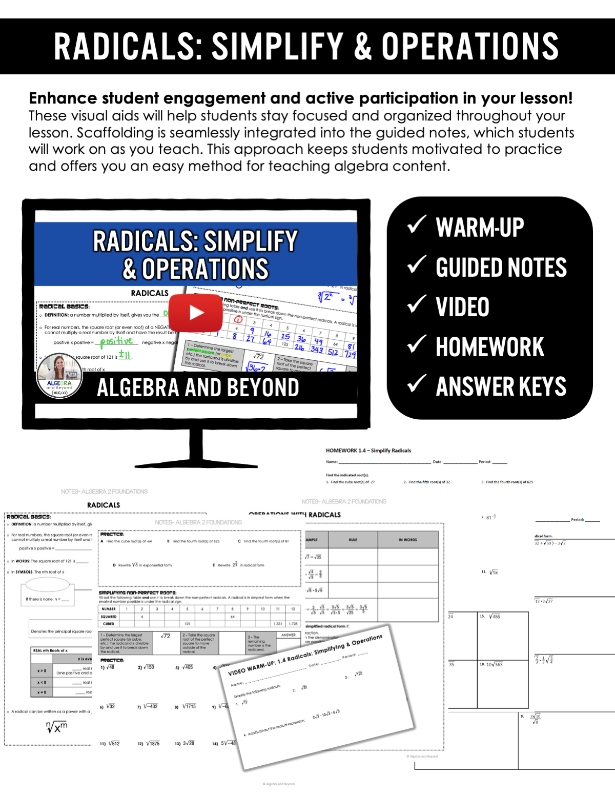 Radicals: Simplifying and Operations Lesson | Warm-Up | Guided Notes | Homework