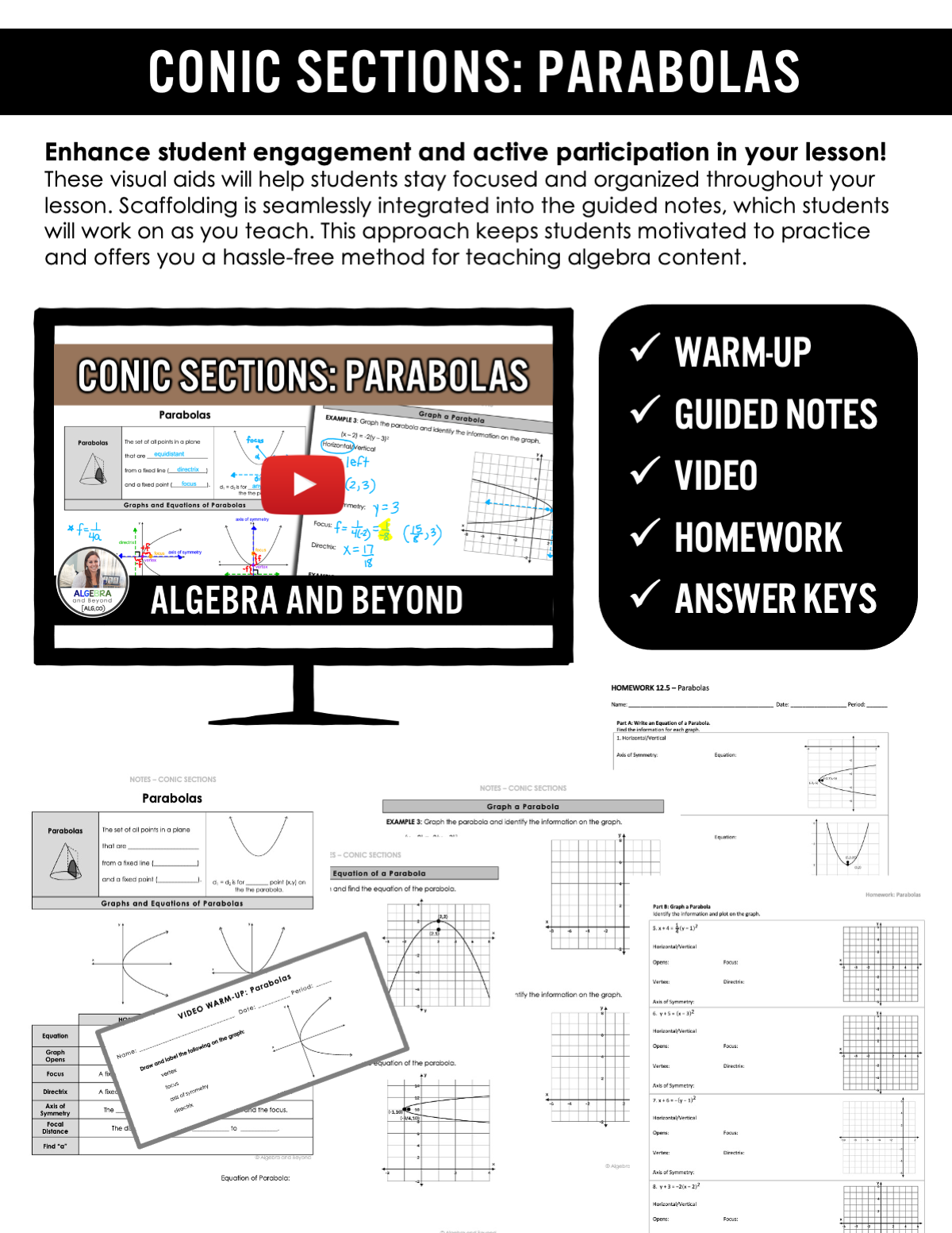 Notes About Parabolas Conic Sections | Parabolas Lesson | Video | Guided Notes | Homework ...