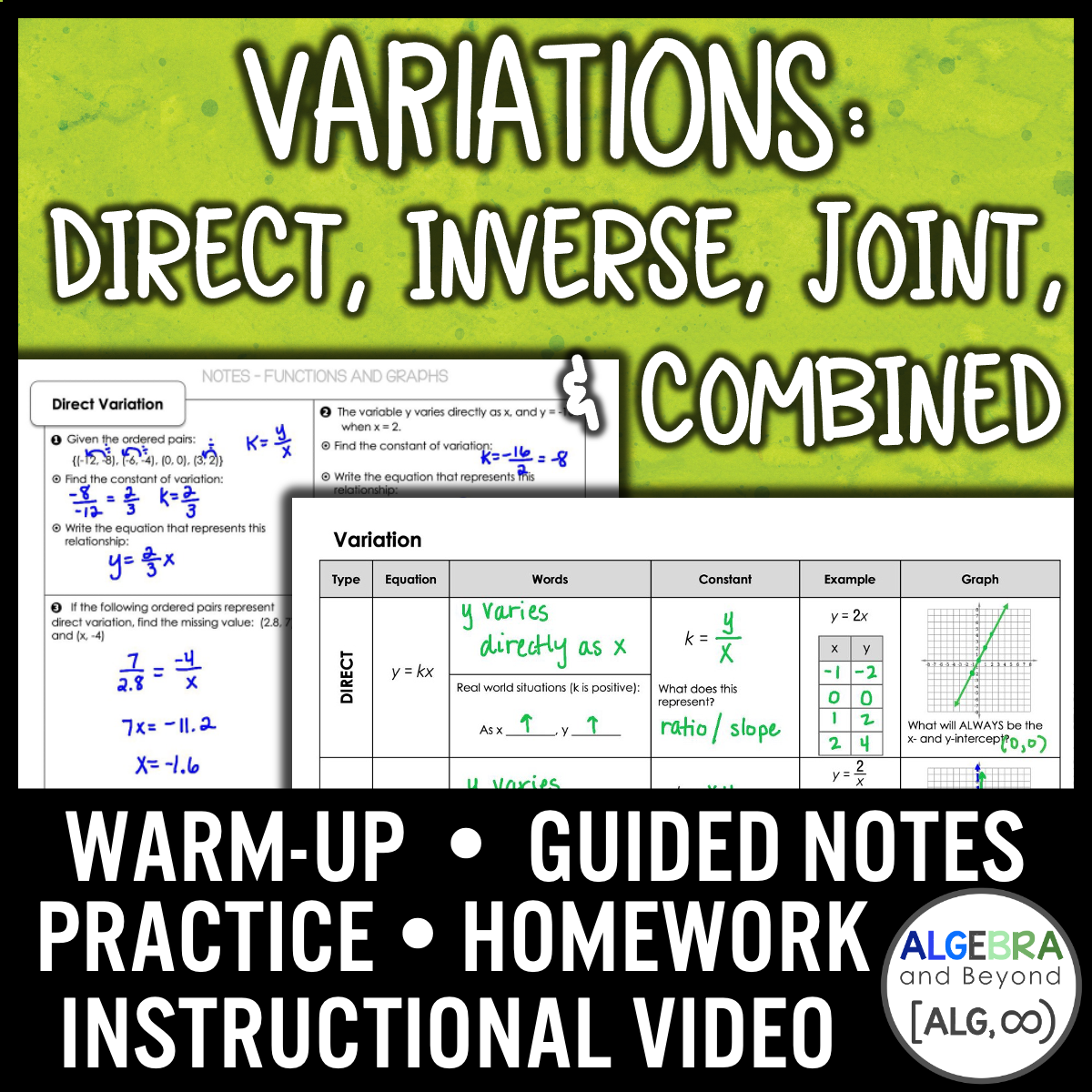 Variation: Direct, Inverse, Joint & Combined Lesson | Warm-Up | Notes | Homework