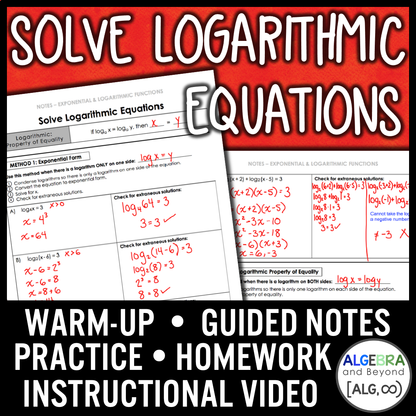 Solve Logarithmic Equations Lesson | Video | Guided Notes | Homework