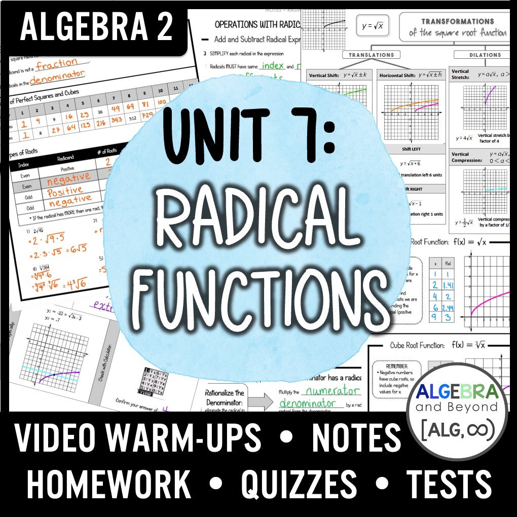Radical Functions Unit | Algebra 2 | Guided Notes | Homework | Assessments