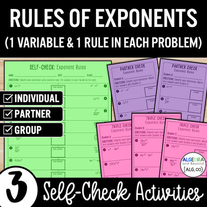 Rules of Exponents (1 variable) Review Activity – Practice Worksheets