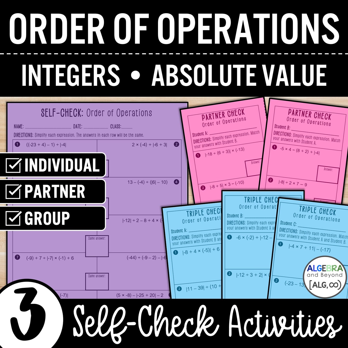 Order of Operations Worksheet | Positive and Negative Integers | Absolute Value