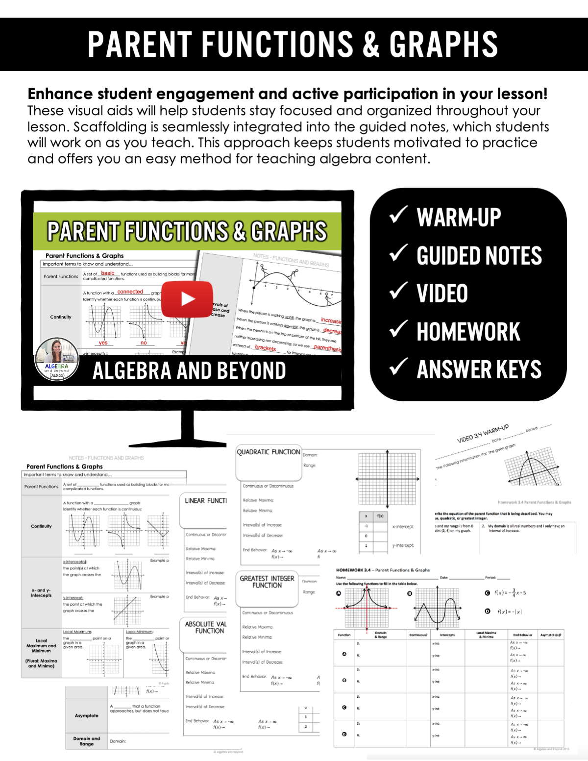 Parent Function Lesson Parent Functions & Graphs Lesson | Warm-Up | Guided Notes | Homework ...