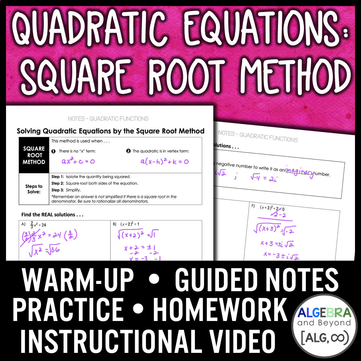 Quadratic Equations: Square Root Method Lesson | Warm-Up | Notes | Homework