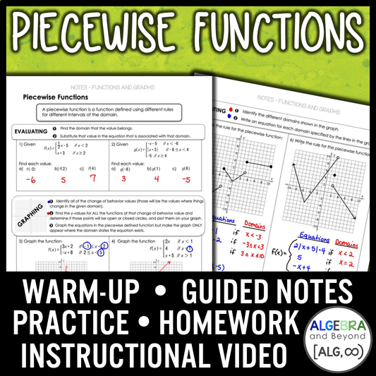 Piecewise Functions Lesson | Algebra 2 | Warmup | Guided Notes | Homework