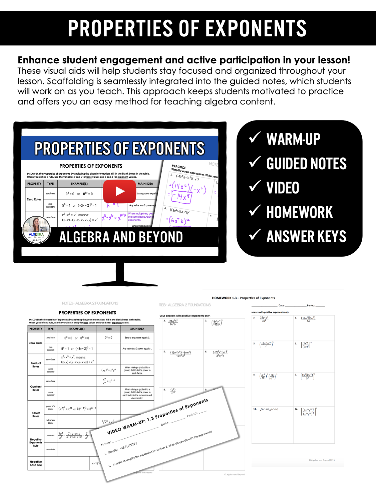 Properties of Exponents Lesson | Warm-Up | Guided Notes | Homework