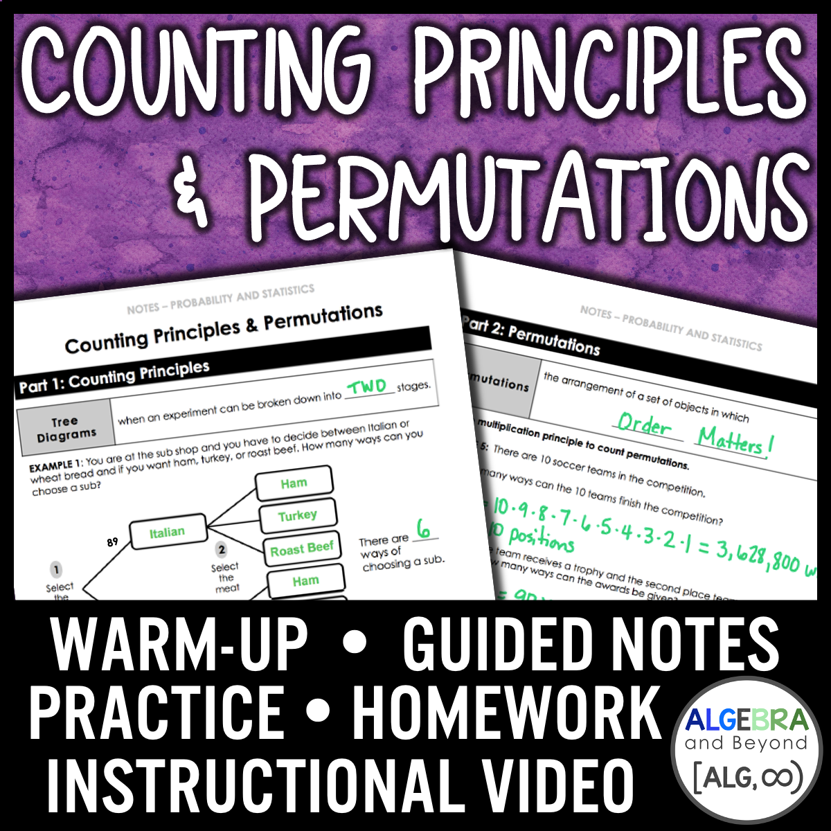 Counting Principles and Permutations Lesson | Video | Guided Notes | Homework