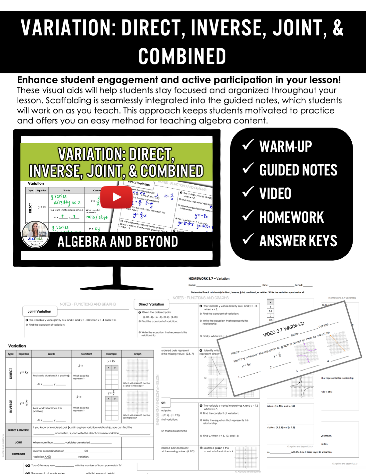 Variation: Direct, Inverse, Joint & Combined Lesson | Warm-Up | Notes | Homework