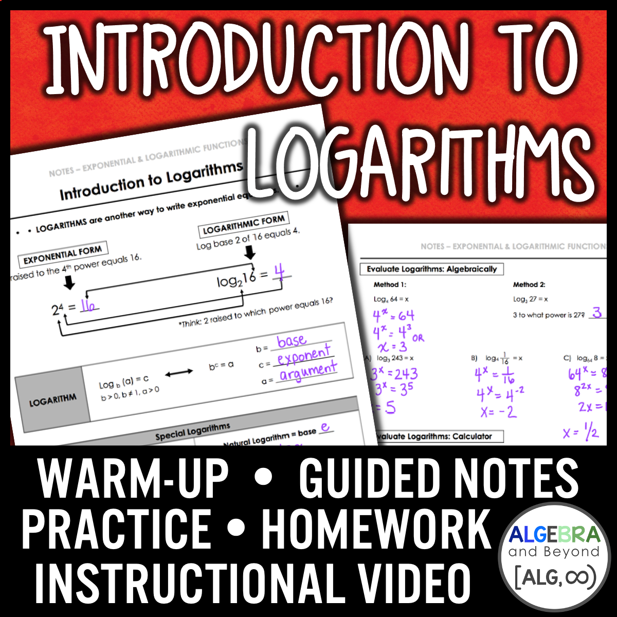 Logarithms Lessons Introduction to Logarithms Lesson | Video | Guided Notes | Homework ...