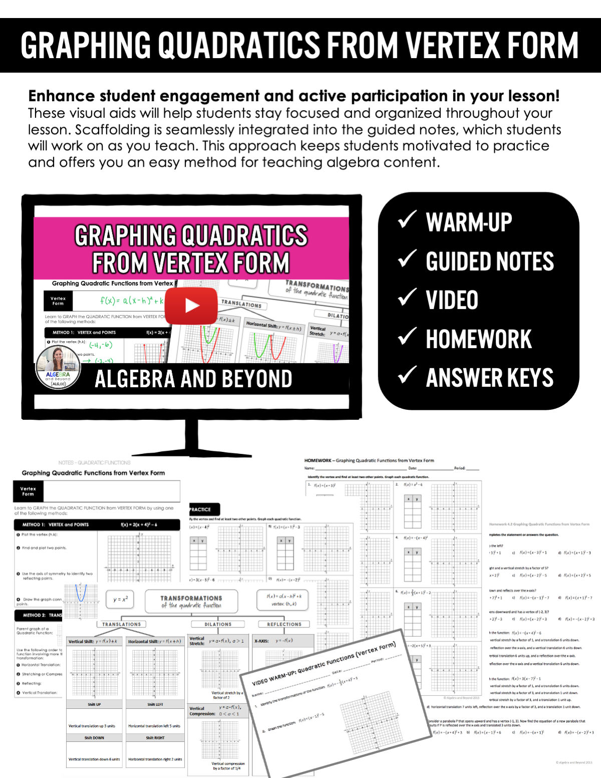 Quadratic Functions: Vertex Form Lesson | Warm-Up | Guided Notes | Homework