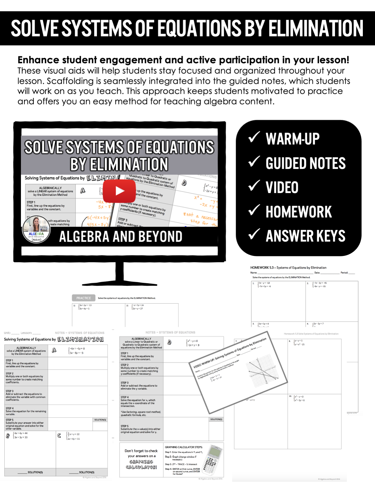 Solving Systems of Equations by Elimination Lesson | Video | Guided Notes