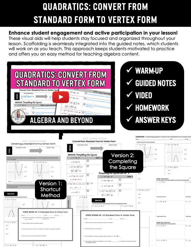 Quadratic Functions: Convert Standard to Vertex Lesson | Warm-Up | Guided Notes