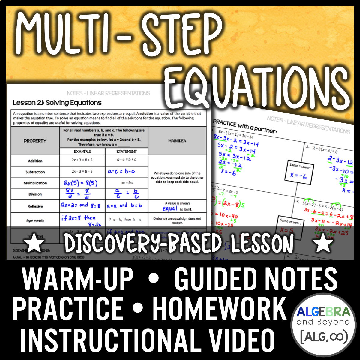 Multi-Step Equations Lesson | Warm-Up | Guided Notes | Homework