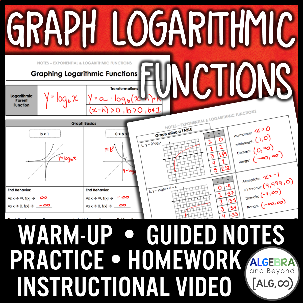 Graph Logarithmic Functions Lesson | Video | Guided Notes | Homework ...