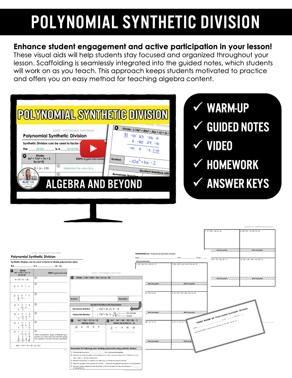 Polynomial Synthetic Division Lesson | Video | Guided Notes | Homework