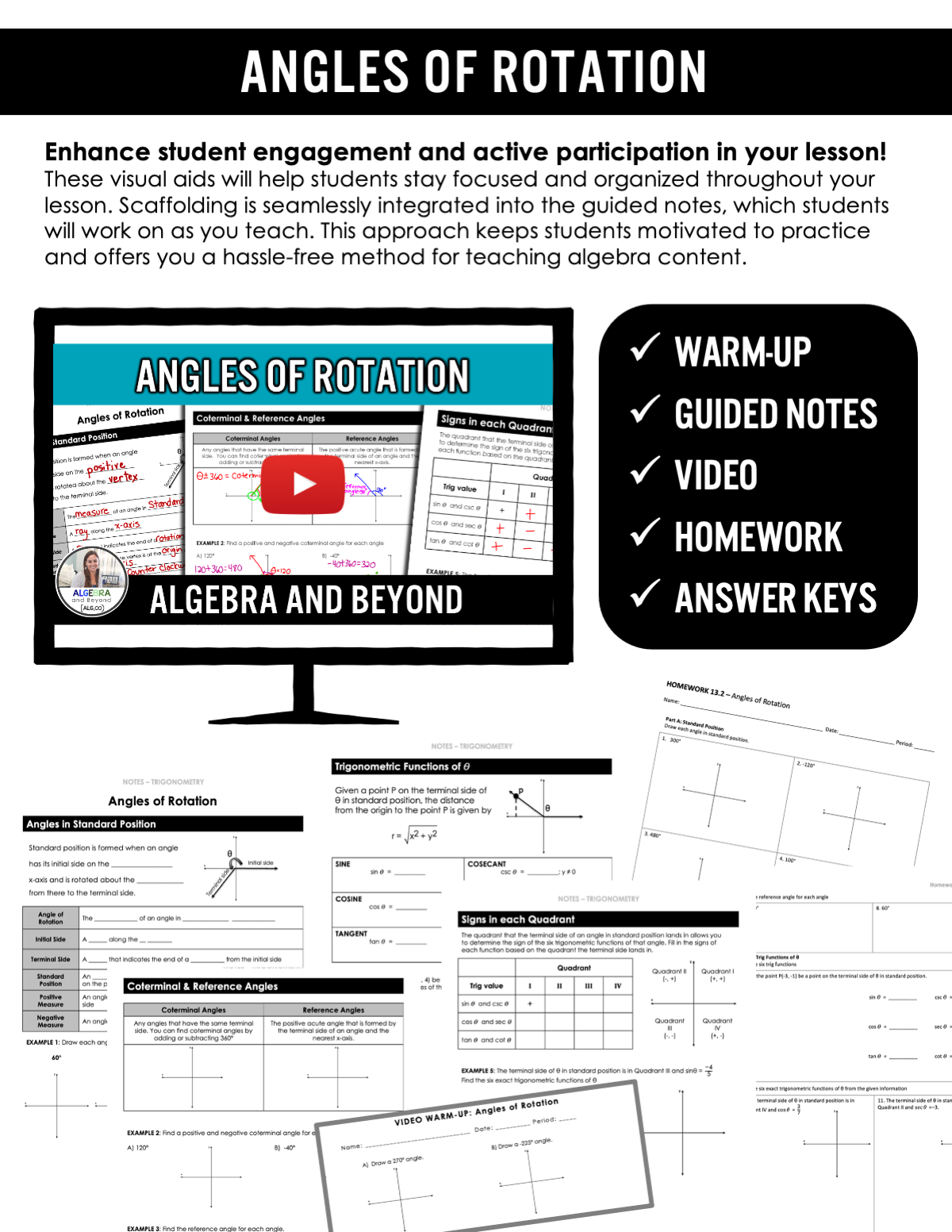 Angles of Rotation Lesson | Trigonometry | Algebra 2 | Warmup | Notes | Homework