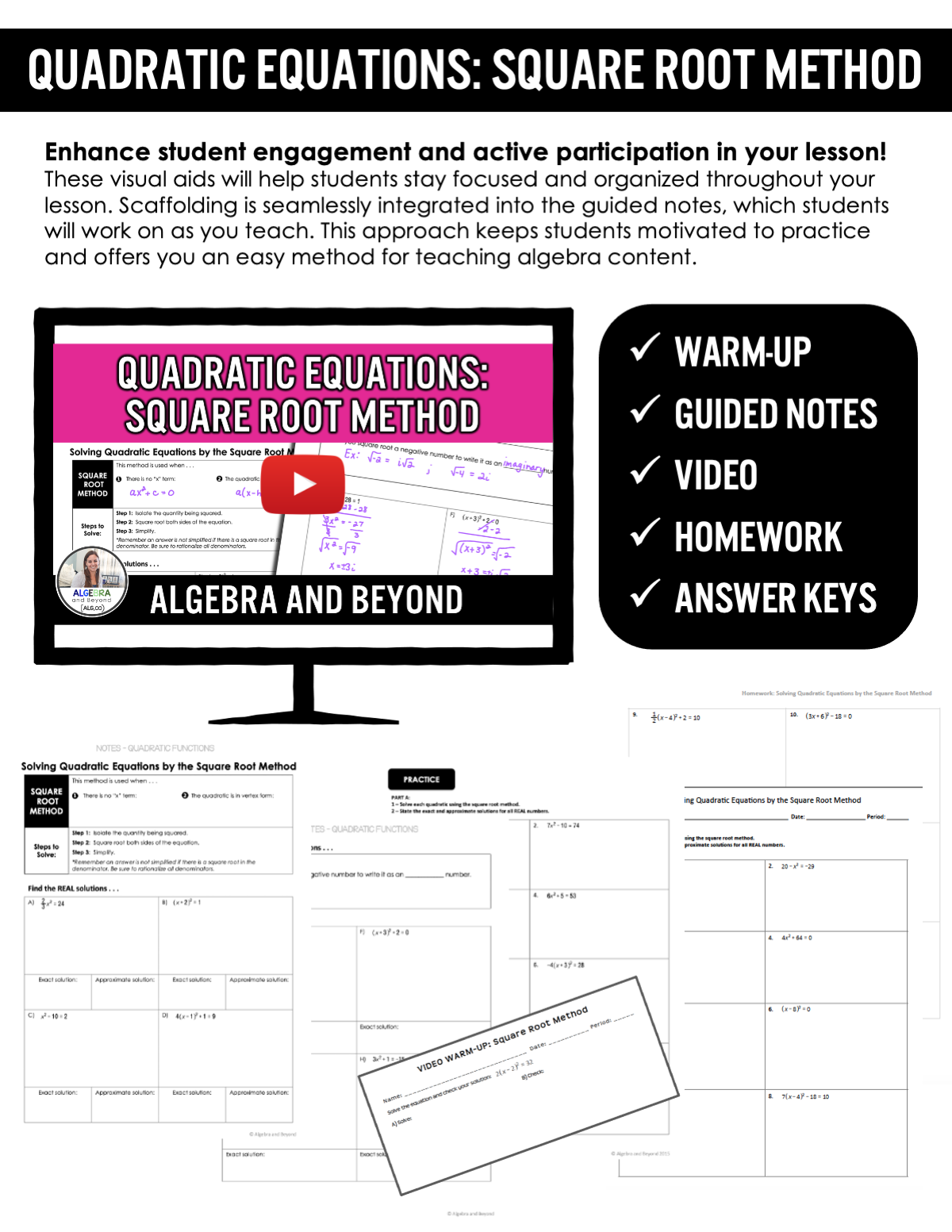 Quadratic Equations: Square Root Method Lesson | Warm-Up | Notes | Homework