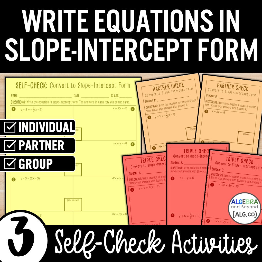 Write Equations in Slope-Intercept Form Practice | Self-Check Review Activities