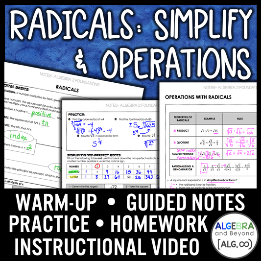 Radicals: Simplifying and Operations Lesson | Warm-Up | Guided Notes | Homework