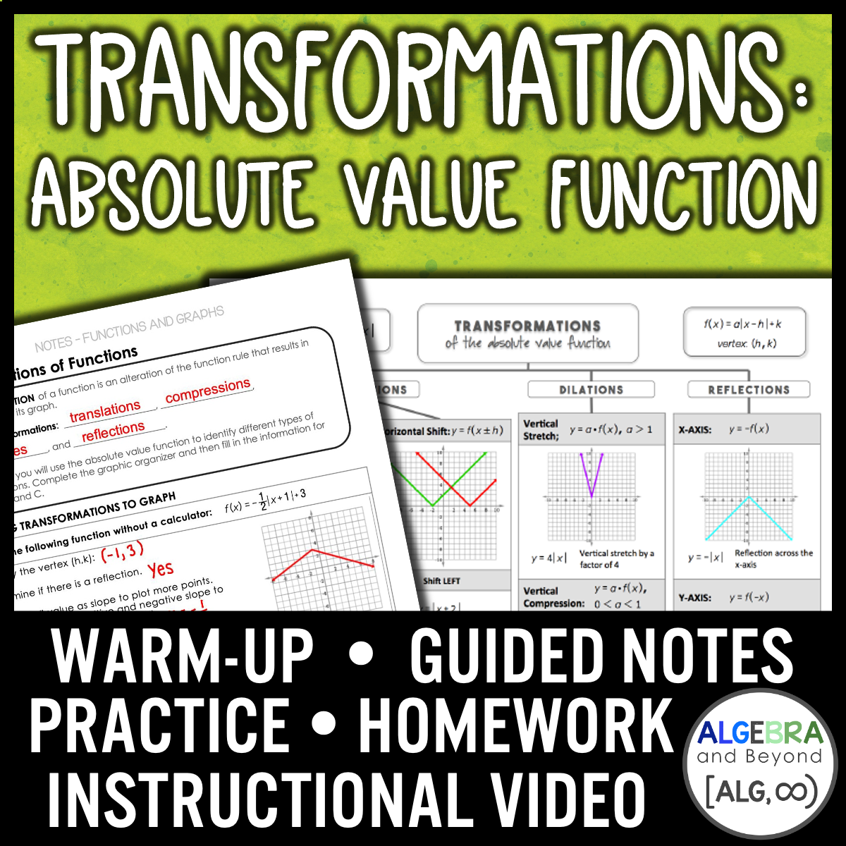 Transformations: Absolute Value Function Lesson | Warm-Up | Notes | Homework