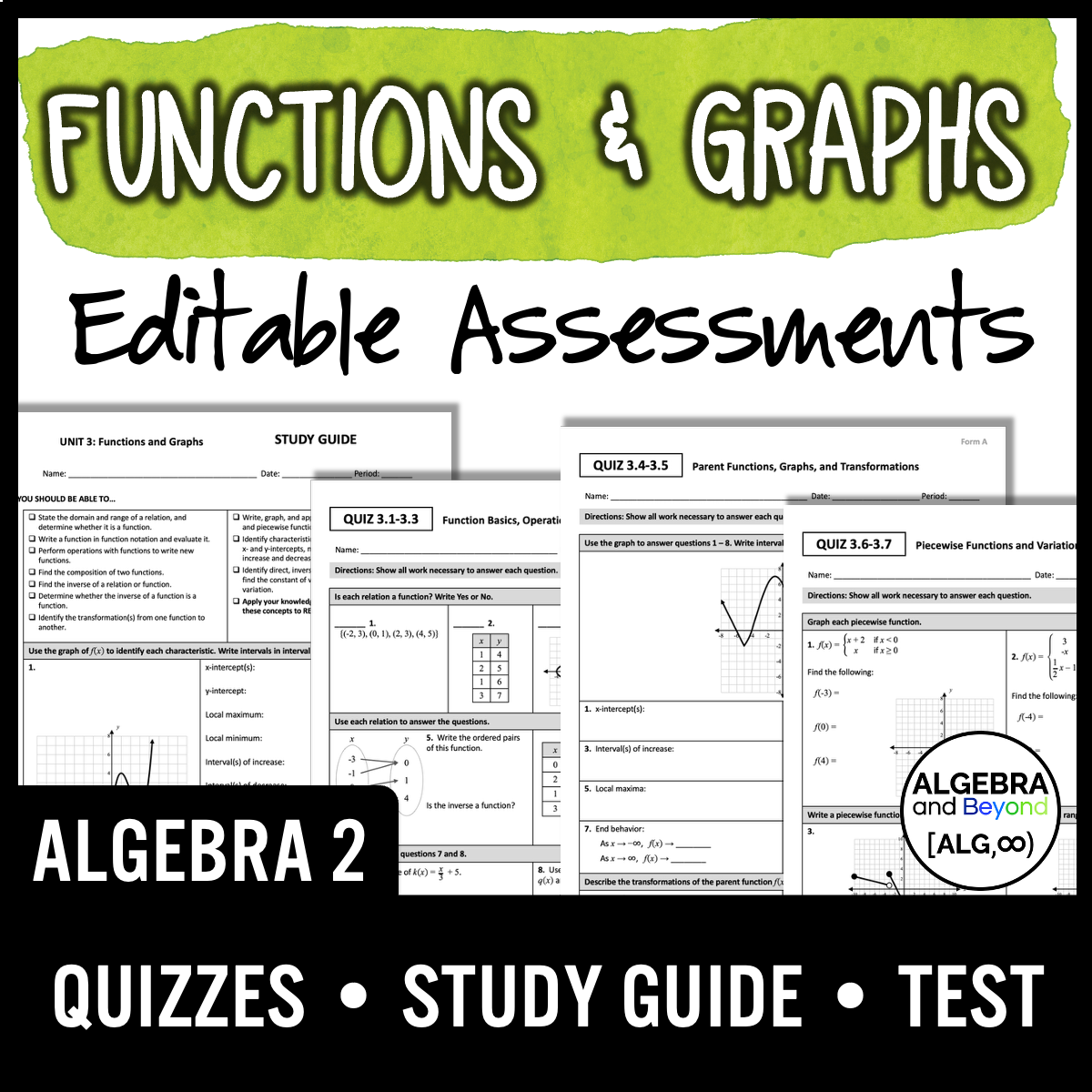 Functions and Graphs Assessments | Quizzes | Study Guide | Test