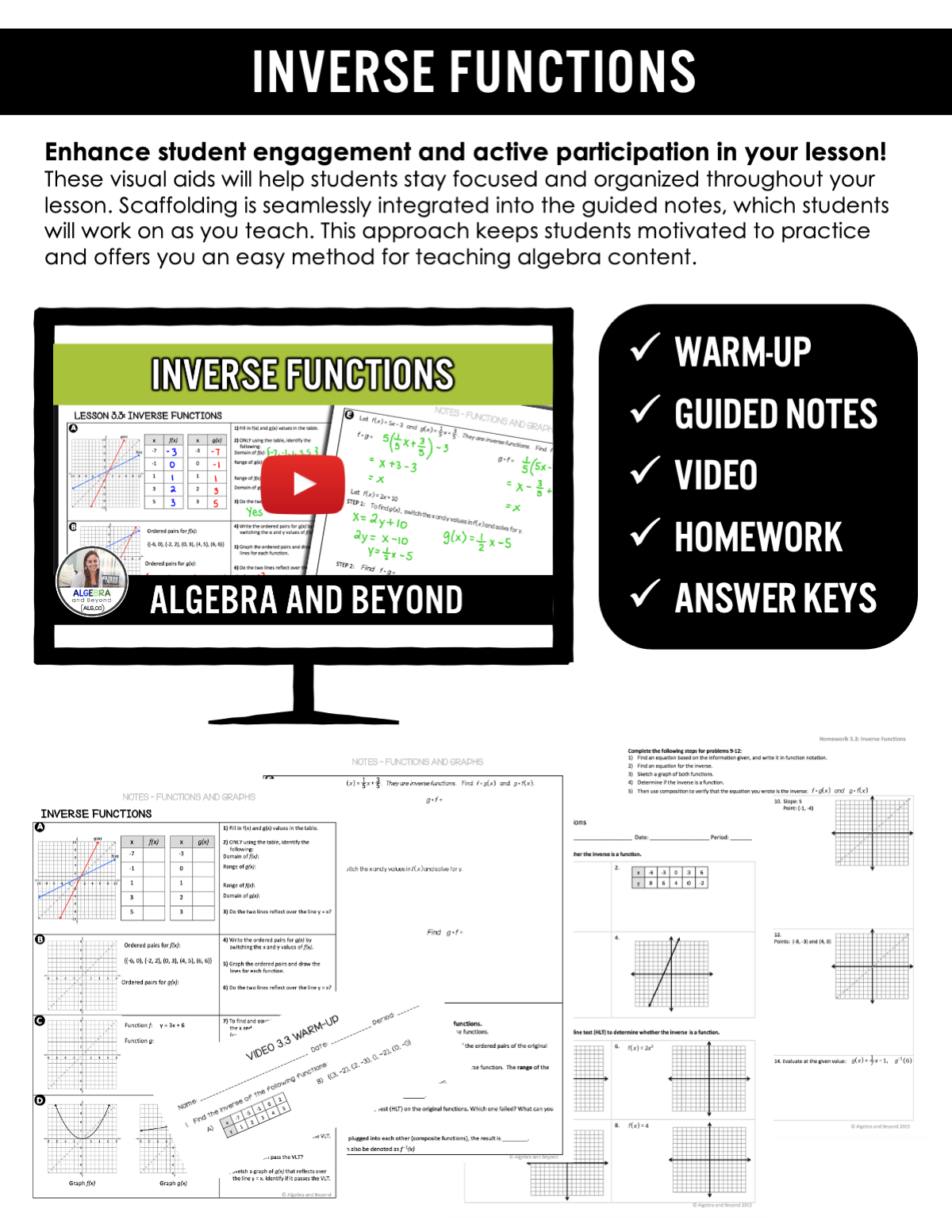 Inverse Functions Lesson | Warm-Up | Guided Notes | Homework