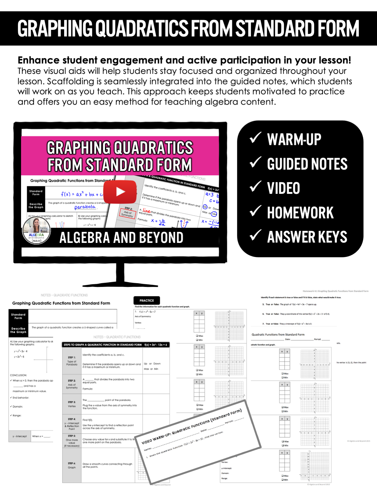 Quadratic Functions: Standard Form Lesson | Warm-Up | Guided Notes | Homework