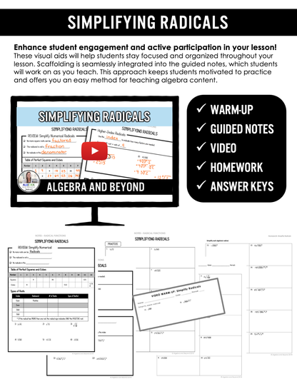 Simplifying Radical Expressions Lesson | Video | Guided Notes | Homework