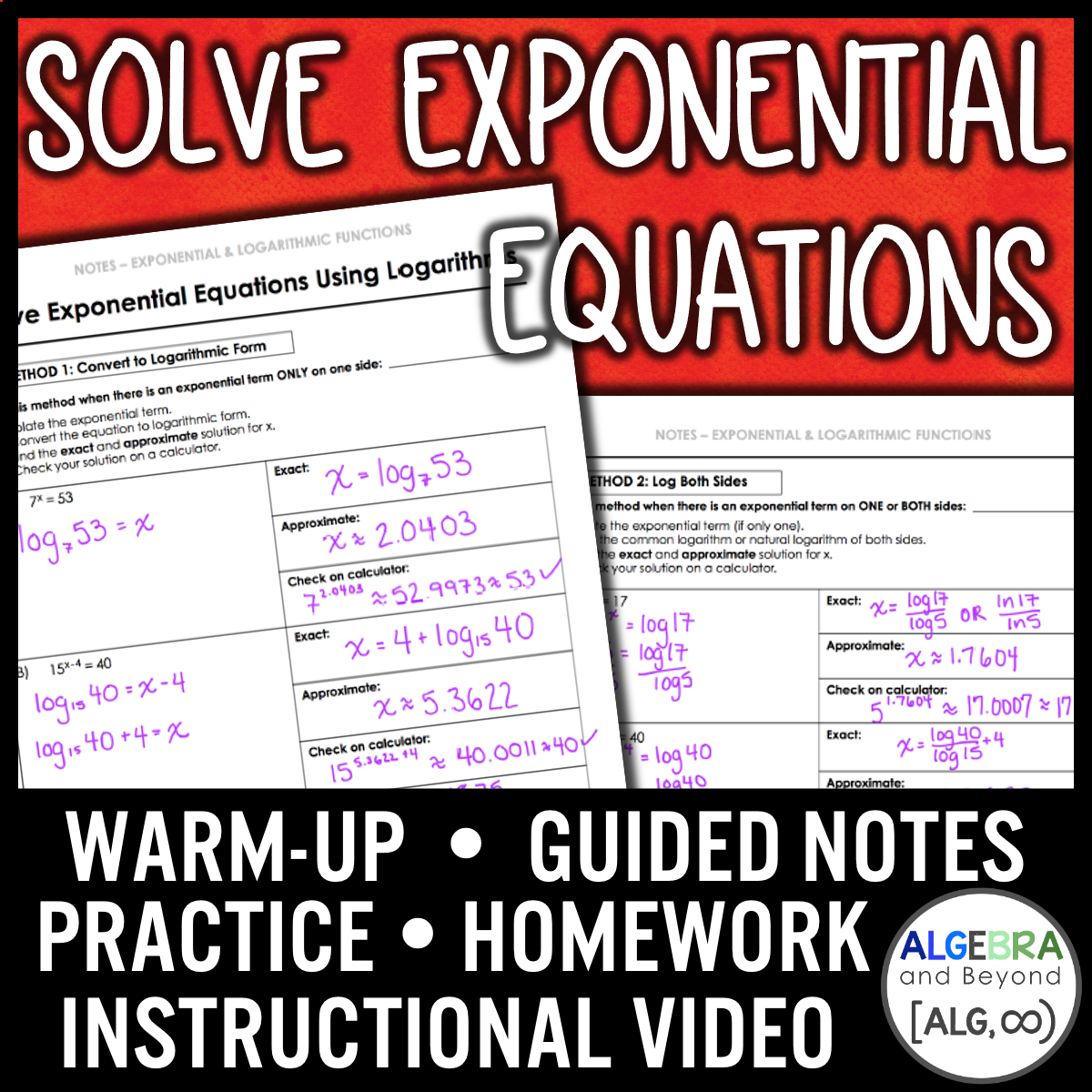 Solve Exponential Equations Lesson | Warm-Up | Guided Notes | Homework