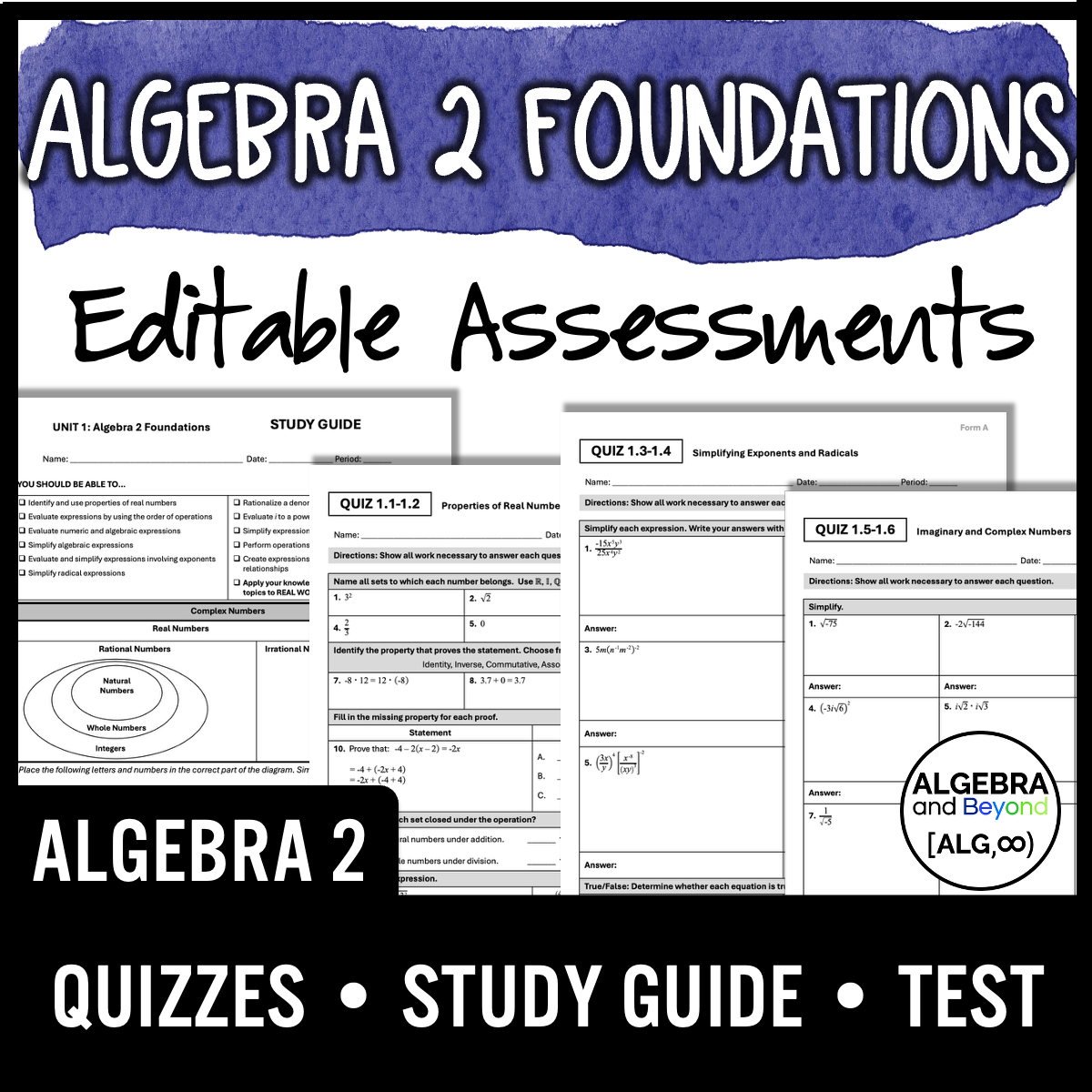 Algebra 2 Foundations Assessments | Quizzes | Study Guide | Test