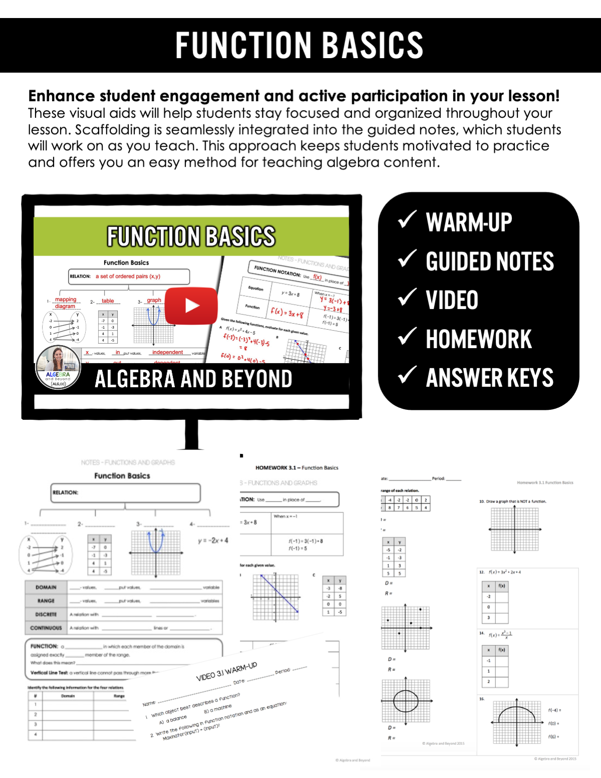 Function Basics Lesson | Warm-Up | Guided Notes | Homework