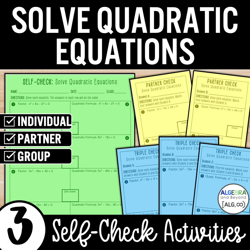Solving Quadratic Equations Practice | Self-Check Review Activities