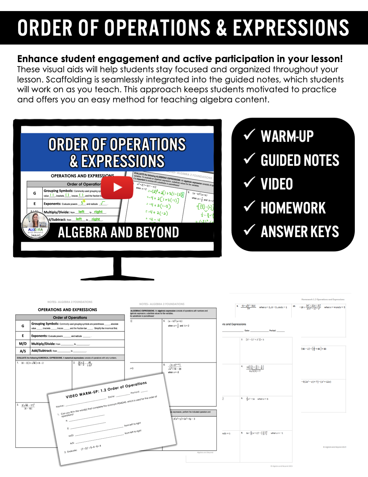 Order of Operations and Expressions Lesson | Warm-Up | Guided Notes | Homework