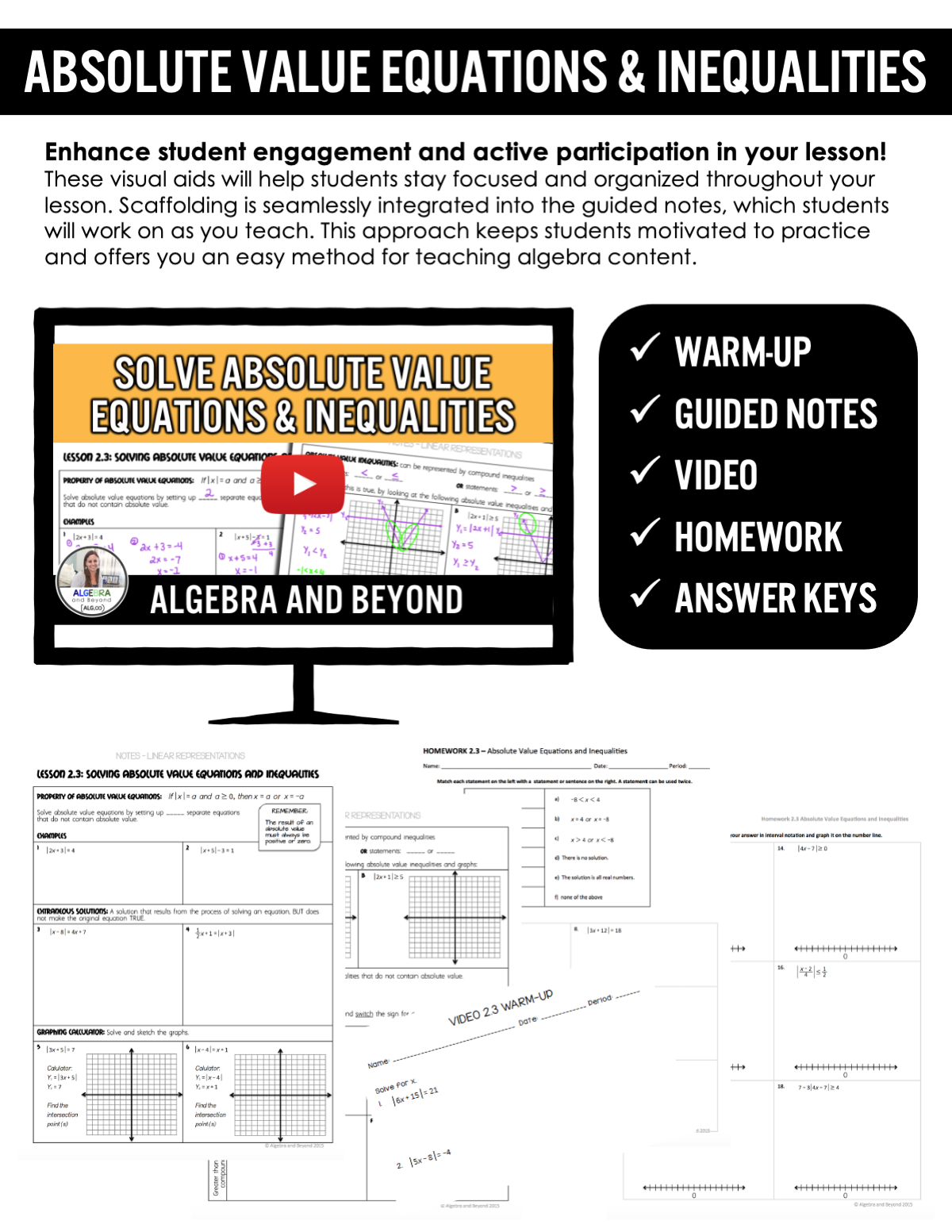 Absolute Value Equations and Inequalities Lesson | Warm-Up | Notes | Homework