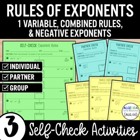 Exponent Rules (1 variable, includes negatives) Activity – Practice Worksheets
